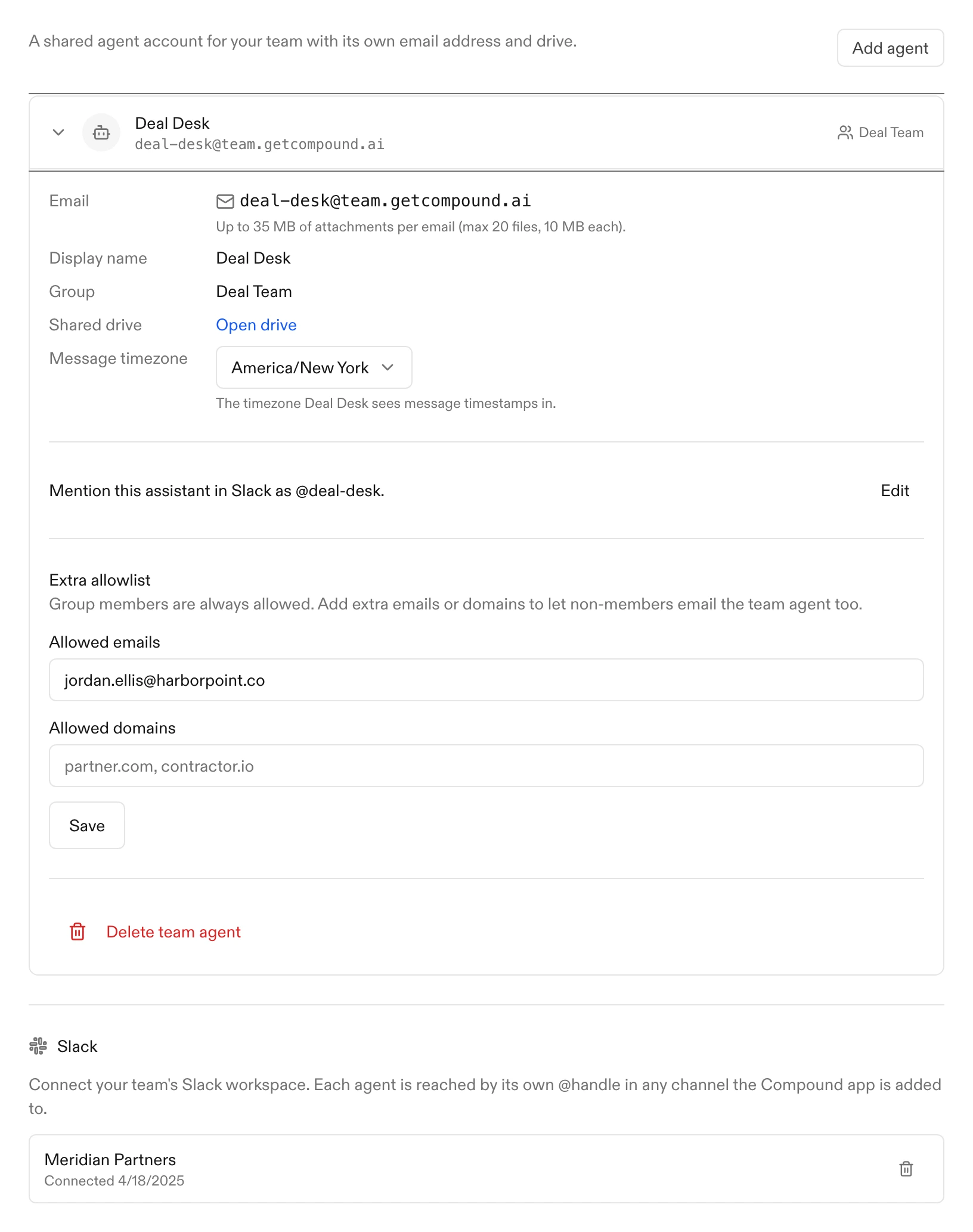 The expanded Deal Desk agent settings showing its email, group, timezone, Slack handle, and an allowlist for people outside the group