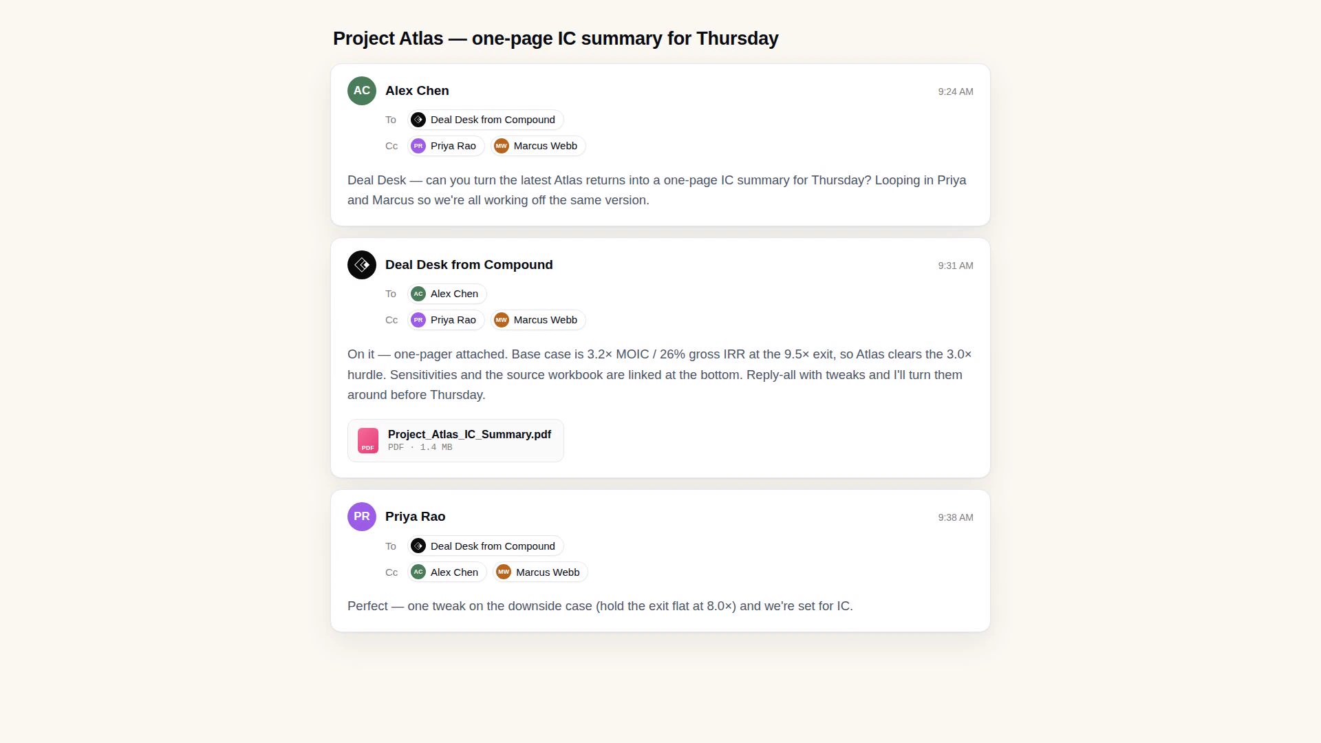 An email thread where a Team Agent, Deal Desk from Compound, replies to a teammate's request with a one-page IC summary attached and two colleagues cc'd